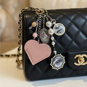 NEW FORNASETTI INSPIRED BAG PURSE CHARM KEYCHAIN PINK LEATHER HEART ART DECO